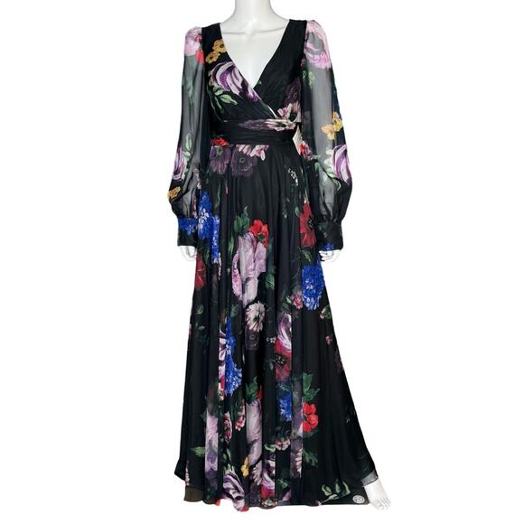 Mac Duggal Black Floral Print Chiffon Long Sleeve Maxi Dress 67872 Women’s Sz 6 - Picture 2 of 9